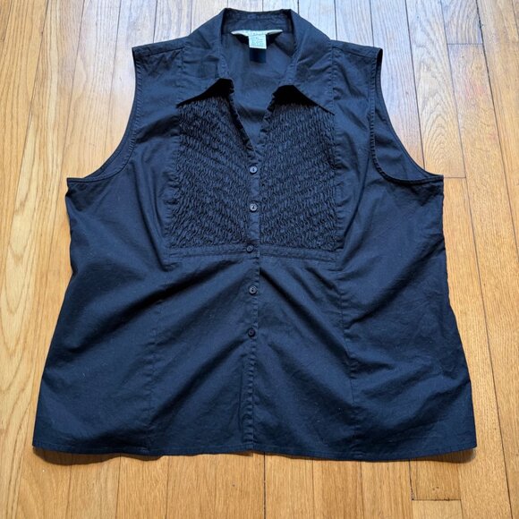 Vintage Allison Taylor Size XL Black Sleeveless Smocked Bib Button Front Shirt - Picture 6 of 13